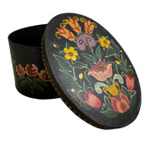 Hand Painted Wooden Oval Box, Flowers with Black Background, German