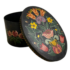 Hand Painted Wooden Oval Box, Flowers with Black Background, German