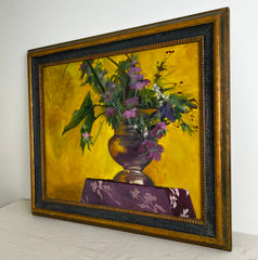 Original Art, Purple Bouquet, Copper Pot, Yellow Background, Framed