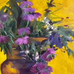 Original Art, Purple Bouquet, Copper Pot, Yellow Background, Framed