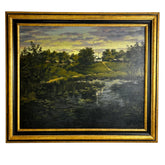 Original Art,"Reed Pond and Steeple" Landscape, Oil On Canvas, Framed, Vintage, sku: 032347