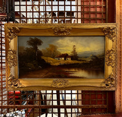 Original Art, Oil On Canvas, Cottage on Lake, Landscape, Vintage, Framed