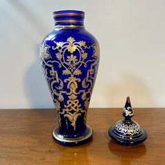 Glass Urn, Cobalt Blue, Ornate with Gold and White Enamel Decoration.