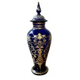 Glass Urn, Cobalt Blue, Ornate with Gold and White Enamel Decoration.