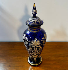 Glass Urn, Cobalt Blue, Ornate with Gold and White Enamel Decoration.