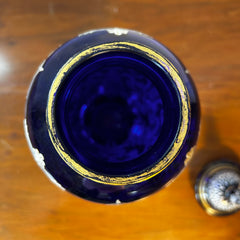 Glass Urn, Cobalt Blue, Ornate with Gold and White Enamel Decoration.