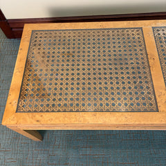 Fine Arts Furniture Co. Coffee Table, Rectangular, Burled Wood, Cane, Glass Top, Sku 034071