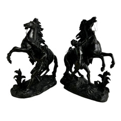 Table Sculptures, Pair of Bronze Horses Rearing with Horsemen Standing