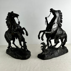 Table Sculptures, Pair of Bronze Horses Rearing with Horsemen Standing