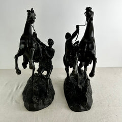 Table Sculptures, Pair of Bronze Horses Rearing with Horsemen Standing