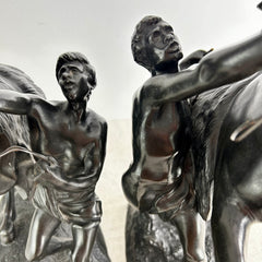 Table Sculptures, Pair of Bronze Horses Rearing with Horsemen Standing