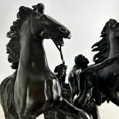 Table Sculptures, Pair of Bronze Horses Rearing with Horsemen Standing