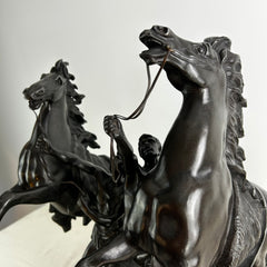 Table Sculptures, Pair of Bronze Horses Rearing with Horsemen Standing