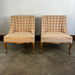 Pair of Slipper Chairs, Peach and Blue Plaid, Cabriole Leg Style