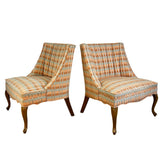 Pair of Slipper Chairs, Peach and Blue Plaid, Cabriole Leg Style