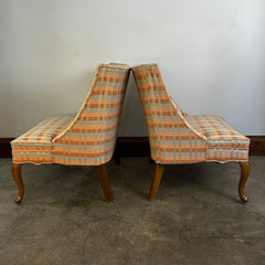 Pair of Slipper Chairs, Peach and Blue Plaid, Cabriole Leg Style