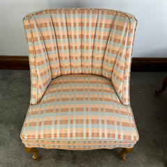 Pair of Slipper Chairs, Peach and Blue Plaid, Cabriole Leg Style