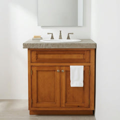 Vanity, Kohler Sink, Brushed Nickel Faucet, Concrete Top, Chiseled Edge, Blonde Wood Cabinet, Sku: 034111