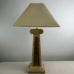 Table Lamp, Stone Veneer Column Shaped with Brass Inlay, Pyramid Shaped Shade