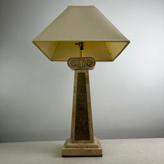 Table Lamp, Stone Veneer Column Shaped with Brass Inlay, Pyramid Shaped Shade