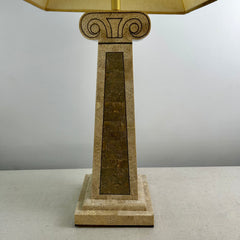 Table Lamp, Stone Veneer Column Shaped with Brass Inlay, Pyramid Shaped Shade