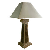 Table Lamp, Stone Veneer Column Shaped with Brass Inlay, Pyramid Shaped Shade