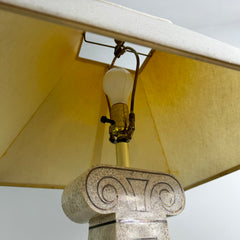 Table Lamp, Stone Veneer Column Shaped with Brass Inlay, Pyramid Shaped Shade