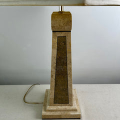 Table Lamp, Stone Veneer Column Shaped with Brass Inlay, Pyramid Shaped Shade