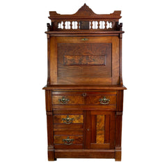 Antique Secretary Walnut Victorian Desk, 1880's Pediment Rail