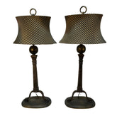 Table Lamps, Pair, Iron Andiron Shape Base with Striped Shades