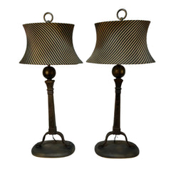 Table Lamps, Pair, Iron Andiron Shape Base with Striped Shades
