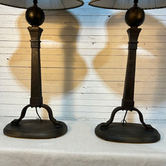 Table Lamps, Pair, Iron Andiron Shape Base with Striped Shades