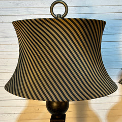 Table Lamps, Pair, Iron Andiron Shape Base with Striped Shades
