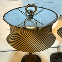 Table Lamps, Pair, Iron Andiron Shape Base with Striped Shades