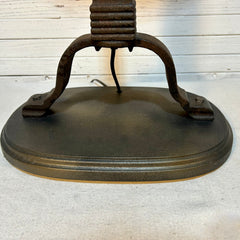 Table Lamps, Pair, Iron Andiron Shape Base with Striped Shades