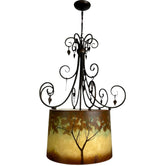 International Ironware Chandelier with Hand Painted Paper Shade with Tree Scape
