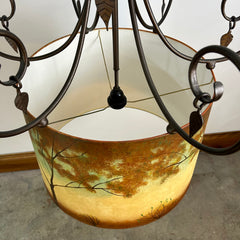 International Ironware Chandelier with Hand Painted Paper Shade with Tree Scape