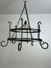 Hand Wrought Iron Pot Rack, Round, Six Hooks, Pewter Finish