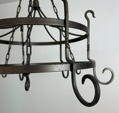 Hand Wrought Iron Pot Rack, Round, Six Hooks, Pewter Finish