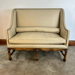 High-back Banquette or Loveseat, Cream Leather. Nailhead Trim, Slim Bolster Pillow