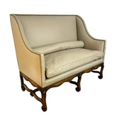 High-back Banquette or Loveseat, Cream Leather. Nailhead Trim, Slim Bolster Pillow