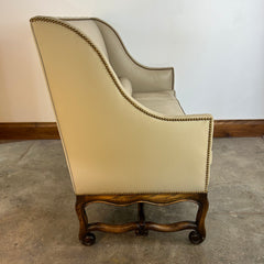 High-back Banquette or Loveseat, Cream Leather. Nailhead Trim, Slim Bolster Pillow