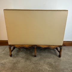 High-back Banquette or Loveseat, Cream Leather. Nailhead Trim, Slim Bolster Pillow