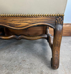 High-back Banquette or Loveseat, Cream Leather. Nailhead Trim, Slim Bolster Pillow