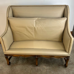 High-back Banquette or Loveseat, Cream Leather. Nailhead Trim, Slim Bolster Pillow