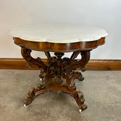Antique Scalloped White Marble Top Parlor Table, Eastlake Style