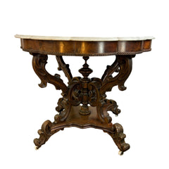 Antique Scalloped White Marble Top Parlor Table, Eastlake Style