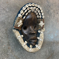 African Mask, Ivory Coast Wood, Linen, Shells, Primitive