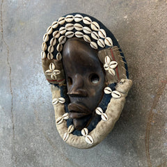 African Mask, Ivory Coast Wood, Linen, Shells, Primitive