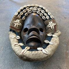 African Mask, Ivory Coast Wood, Linen, Shells, Primitive